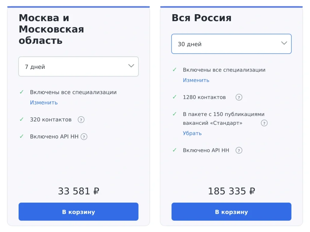 Сравнение тарифов на 7 и 30 дней для Москвы и всей России с количеством контактов, публикациями вакансий и стоимостью.