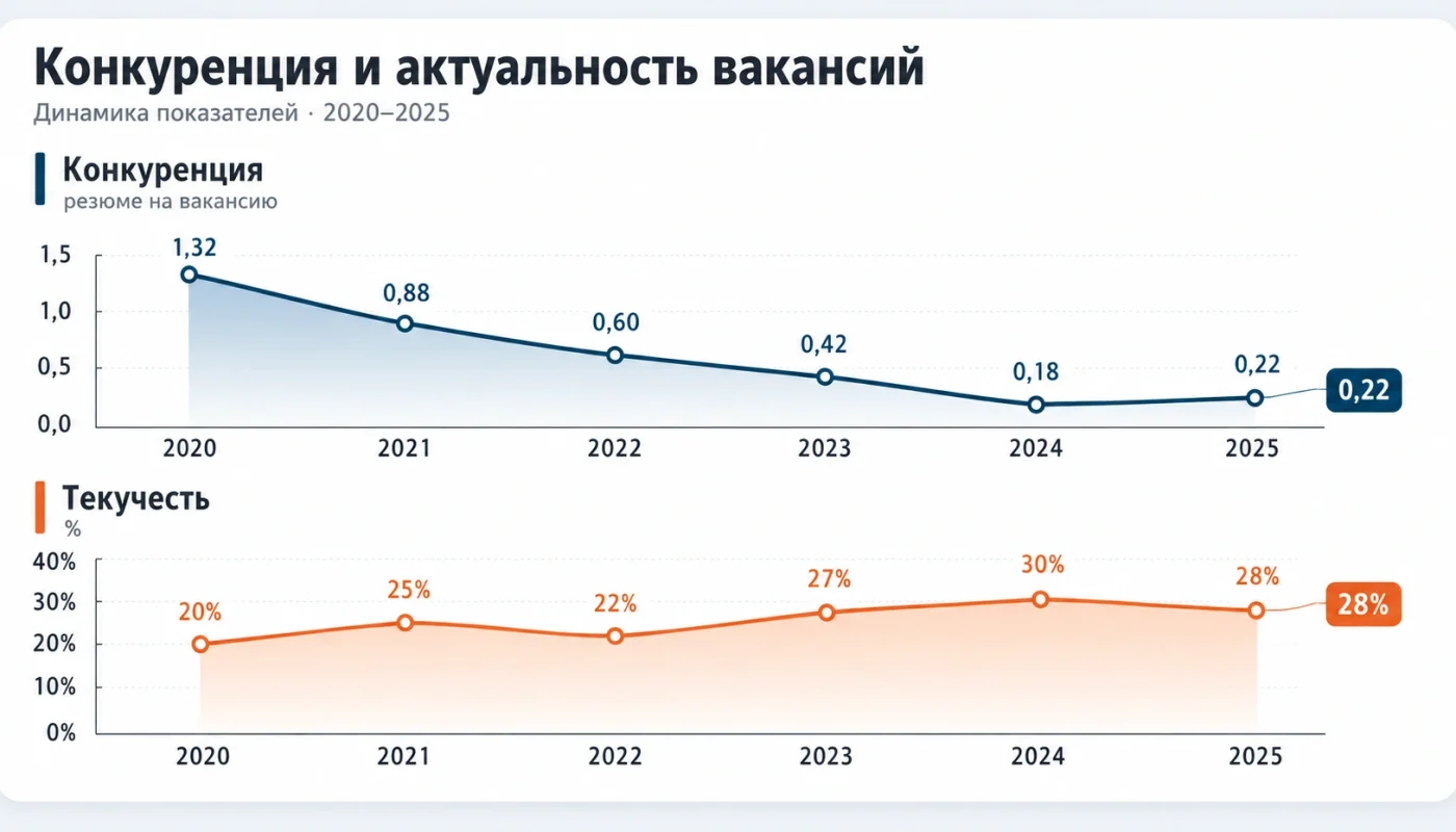 График динамики конкуренции резюме на вакансию и текучести в процентах за 2020–2025 годы.