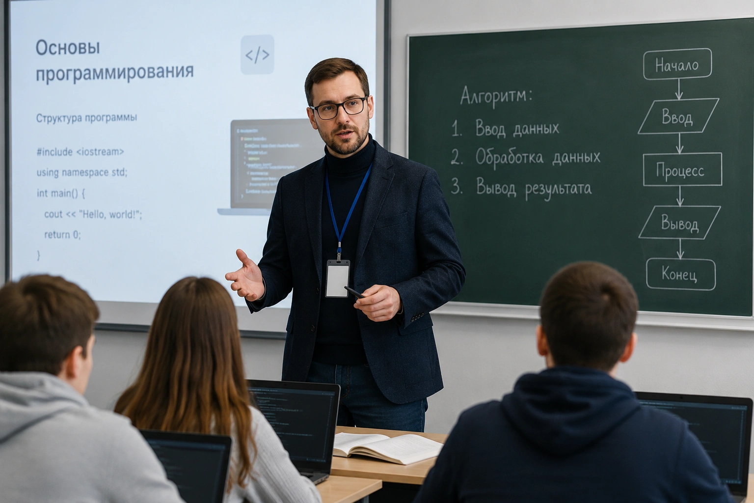 Преподаватель колледжа проводит занятие со студентами в современной аудитории, подбор преподавателей для колледжей, техникумов и учреждений среднего профессионального образования.