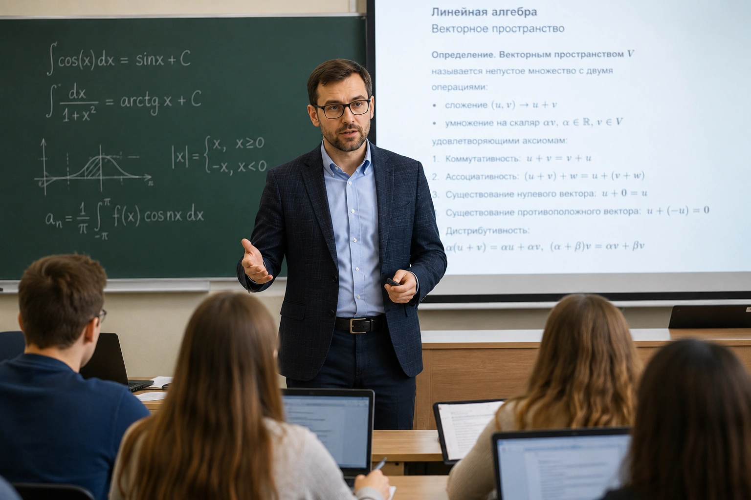 Преподаватель вуза проводит лекцию в современной университетской аудитории, подбор преподавателей для университетов, институтов и других высших учебных заведений.