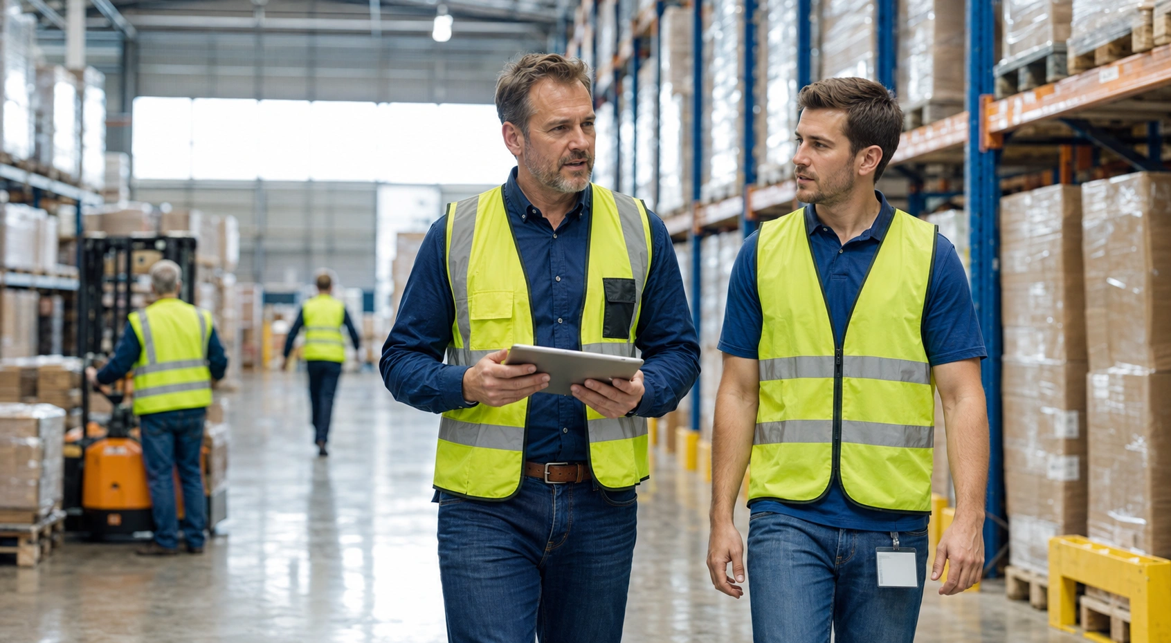 Руководитель отдела логистики с планшетом обсуждает рабочие процессы с сотрудником на современном складе.
