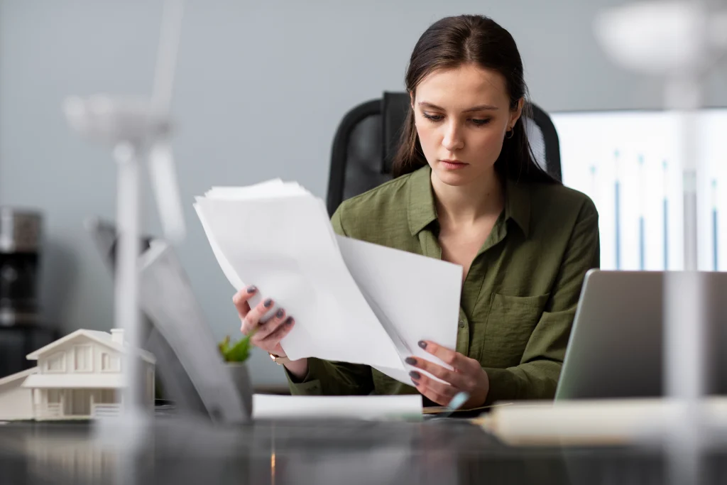 Специалист по охране труда проверяет документы системы управления охраной труда (СУОТ) в офисе