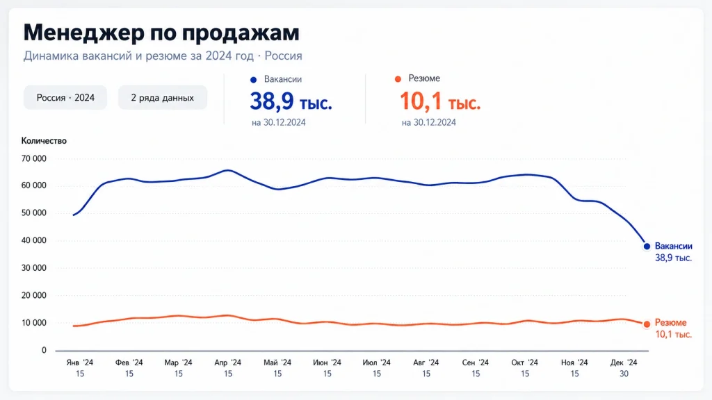 График динамики количества вакансий и резюме по профессии менеджер по продажам в России за 2024 год.