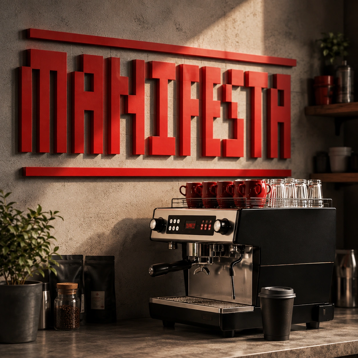 Кофемашина в интерьере кофейни Manifesta с фирменным логотипом