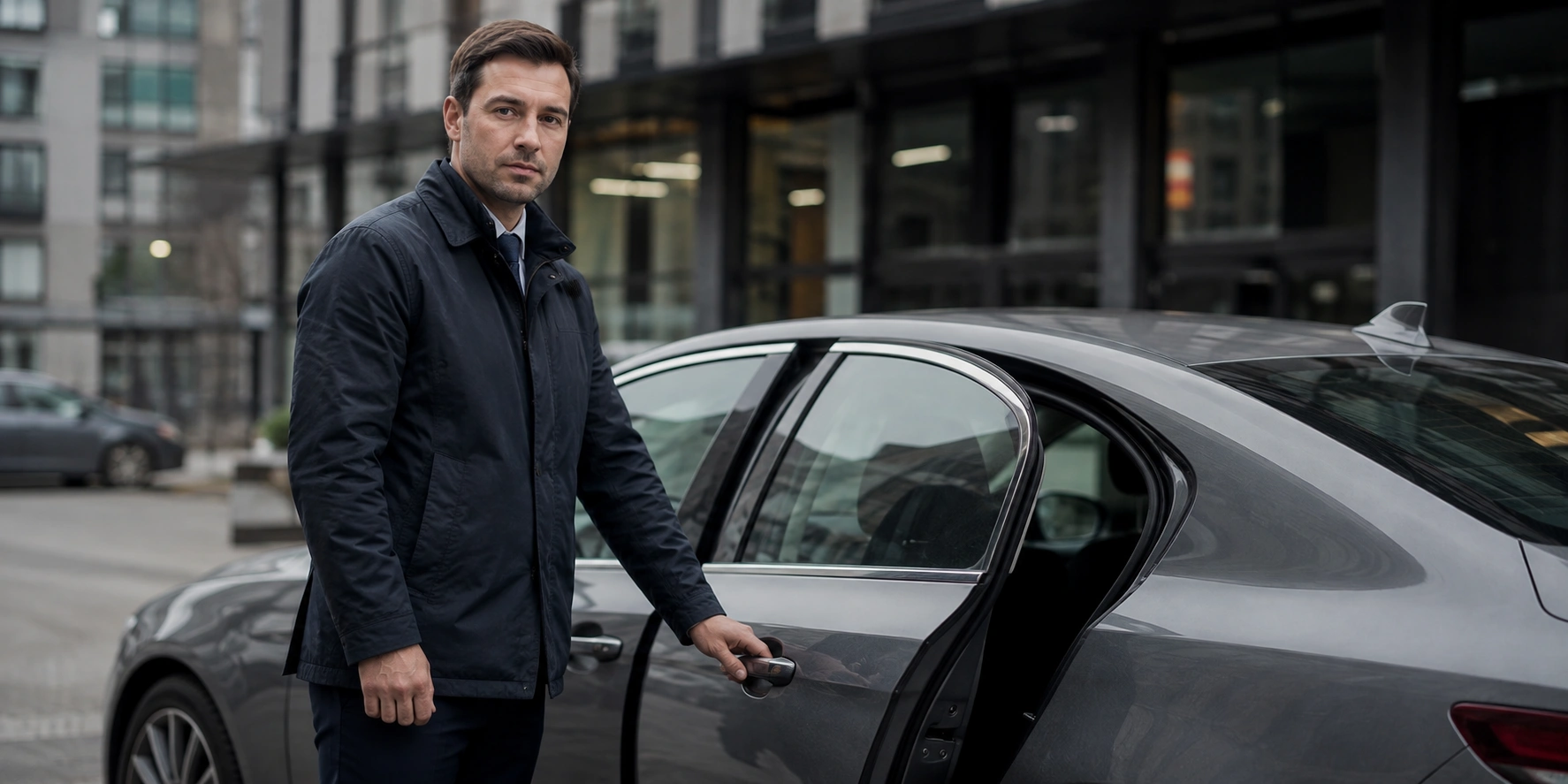 Профессиональный водитель открывает дверь корпоративного автомобиля возле офисного здания.