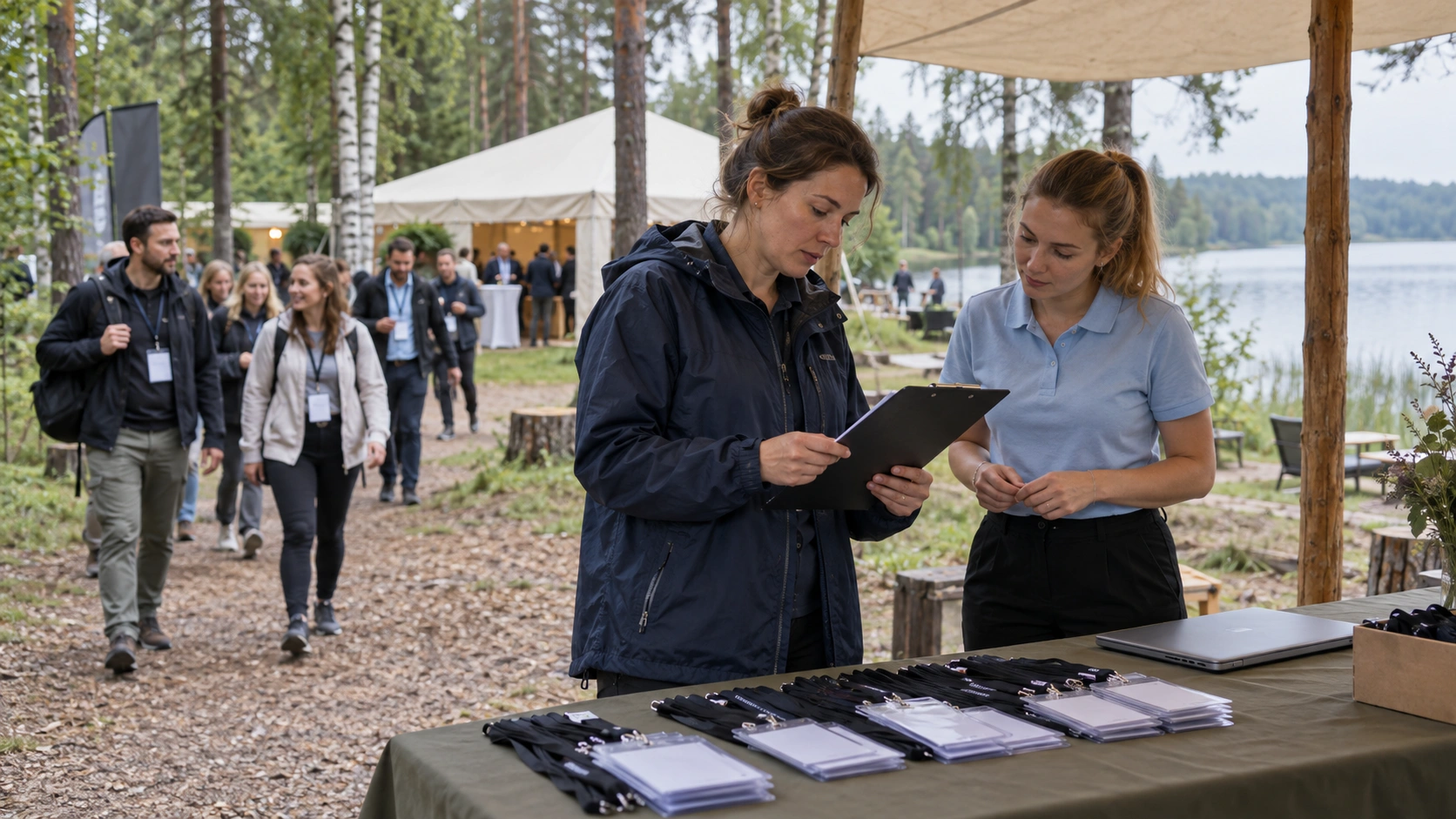 Event-менеджер обсуждает с хостес план встречи гостей за регистрационным столом на лесной площадке.