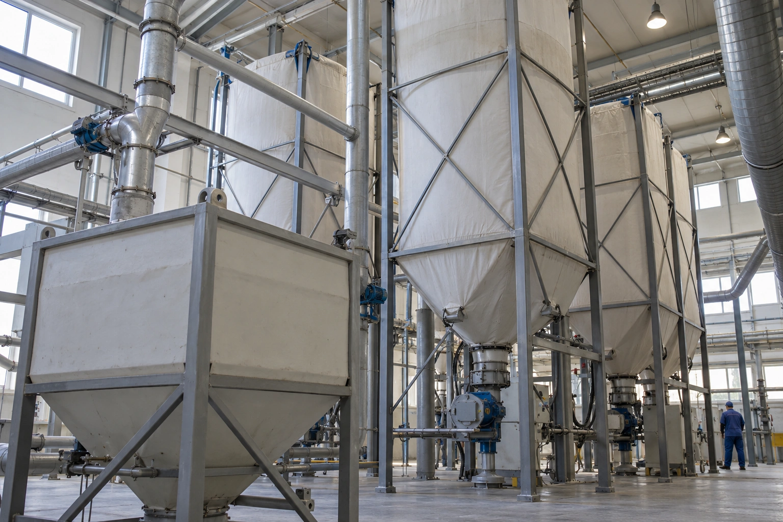 Высокие бункеры в металлических каркасах, трубопроводы и вентиляционные воздуховоды в производственном цехе